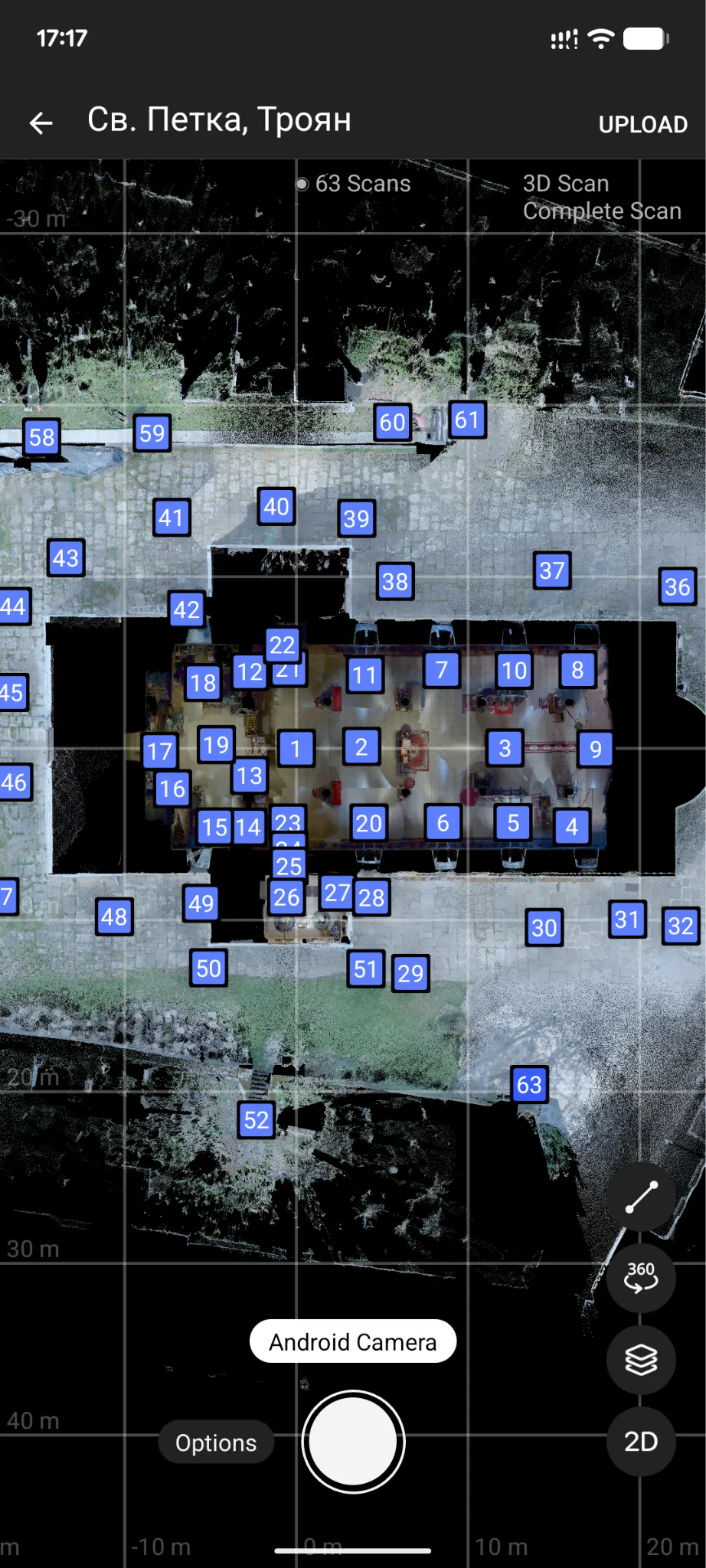 Plan of the 63 laser-scanner positions around and inside the church